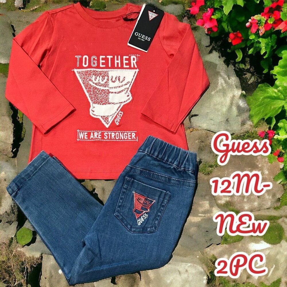NEW-Guess 12 M Baby Boys 2pc Set Embroidered Shirt & Denim Blue Pants MRSP $45